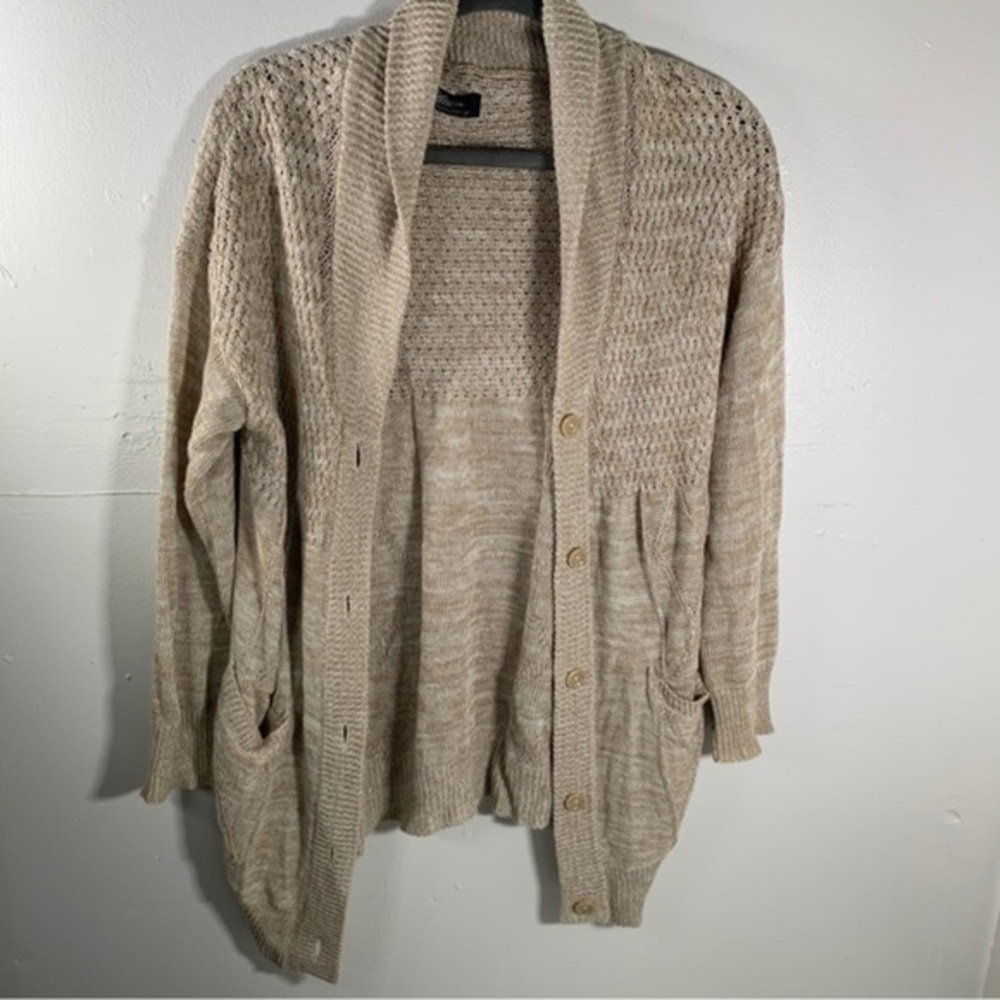 AZUL BY MOUSSY Sweater cardigan knit duster neutral beige tan pockets grandma